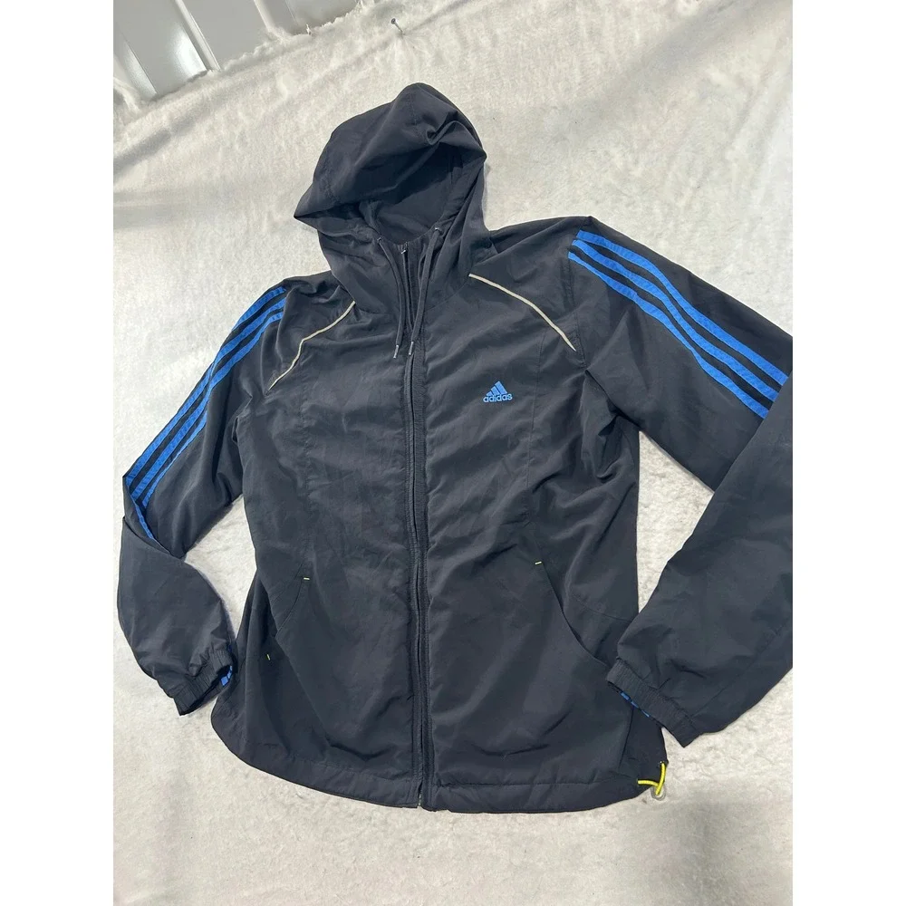 Adidas Mens Black Blue Stripe Hooded Windbreaker Full Zip Jacket Large